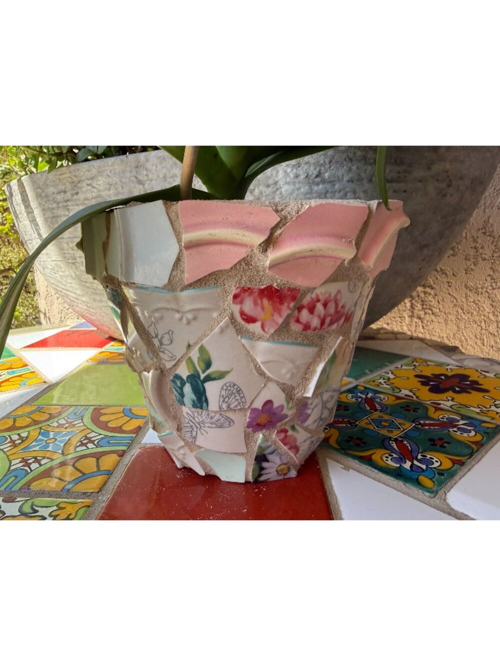 Mosaic Art Tile ~ Planter ~ Hand Crafted ~ Flower Garden Pot ~ Floral